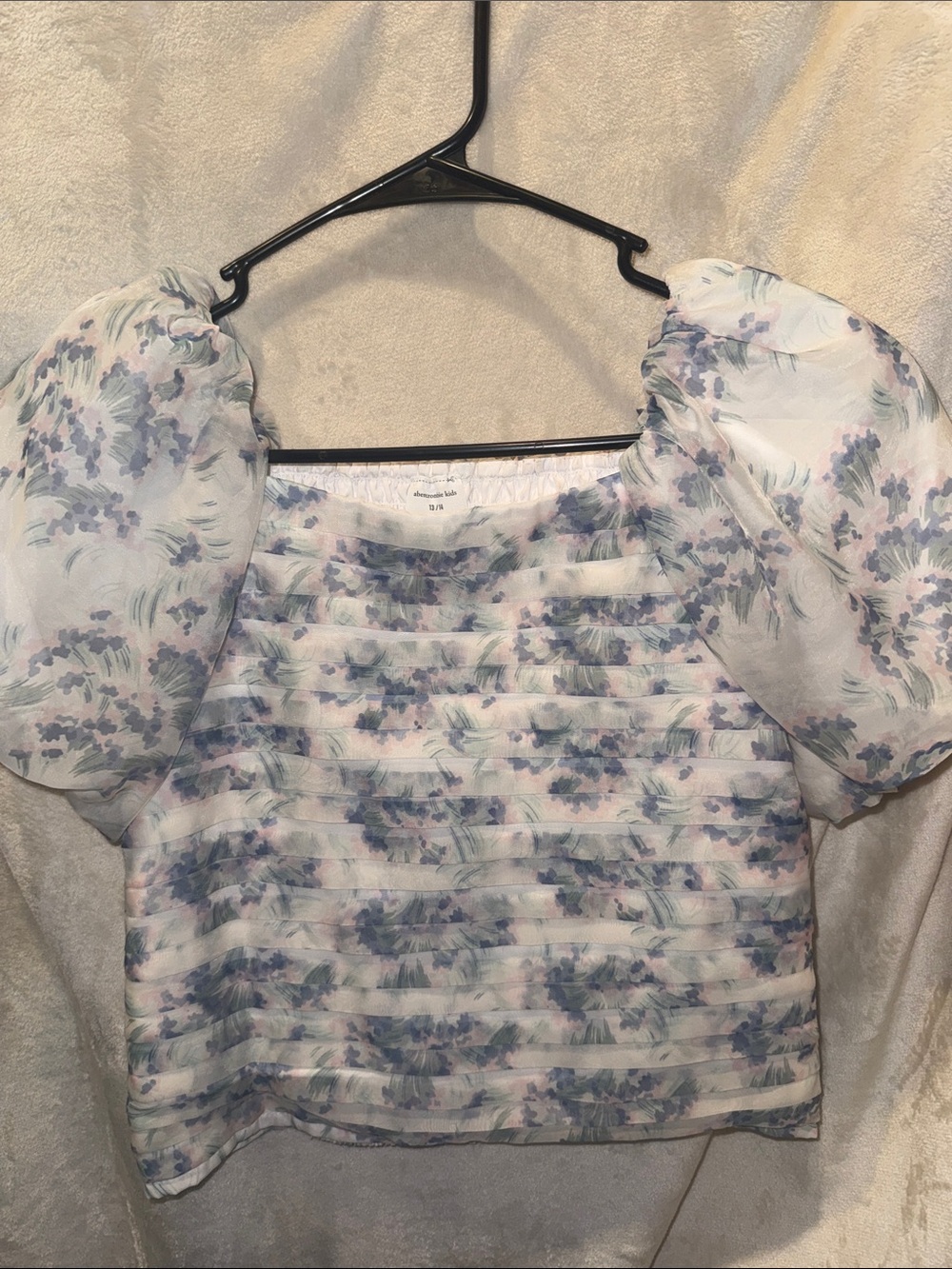 abercrombie kids Pastel Floral Puff-Sleeve Top - White, Lavender, Light Blue